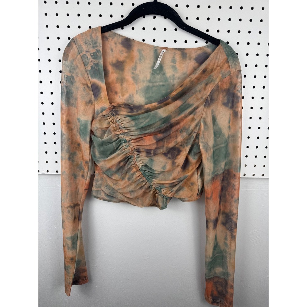 Free People Mesh Tie Dye Ruched Crop Top Orange Green Long Sleeve Large